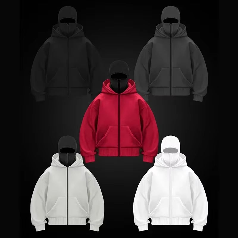 Balaclava Men Zip Hoodie Winter Warm Casual Sweatshirt Y2K with Hooded Face Mask Zipper Design Sports Jacket Outdoor Activities