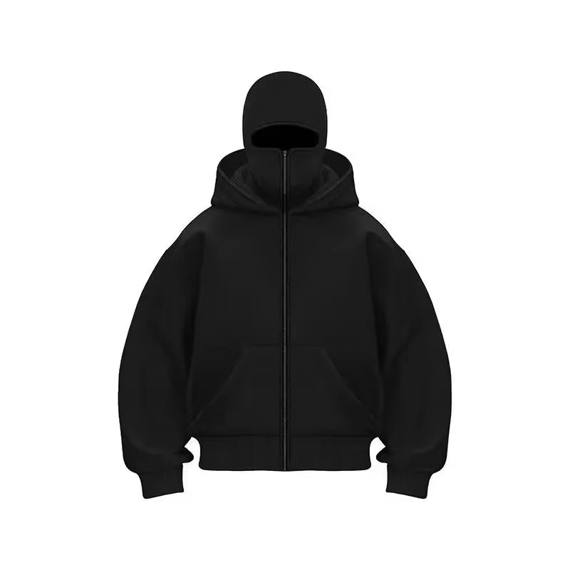 Balaclava Men Zip Hoodie Winter Warm Casual Sweatshirt Y2K with Hooded Face Mask Zipper Design Sports Jacket Outdoor Activities
