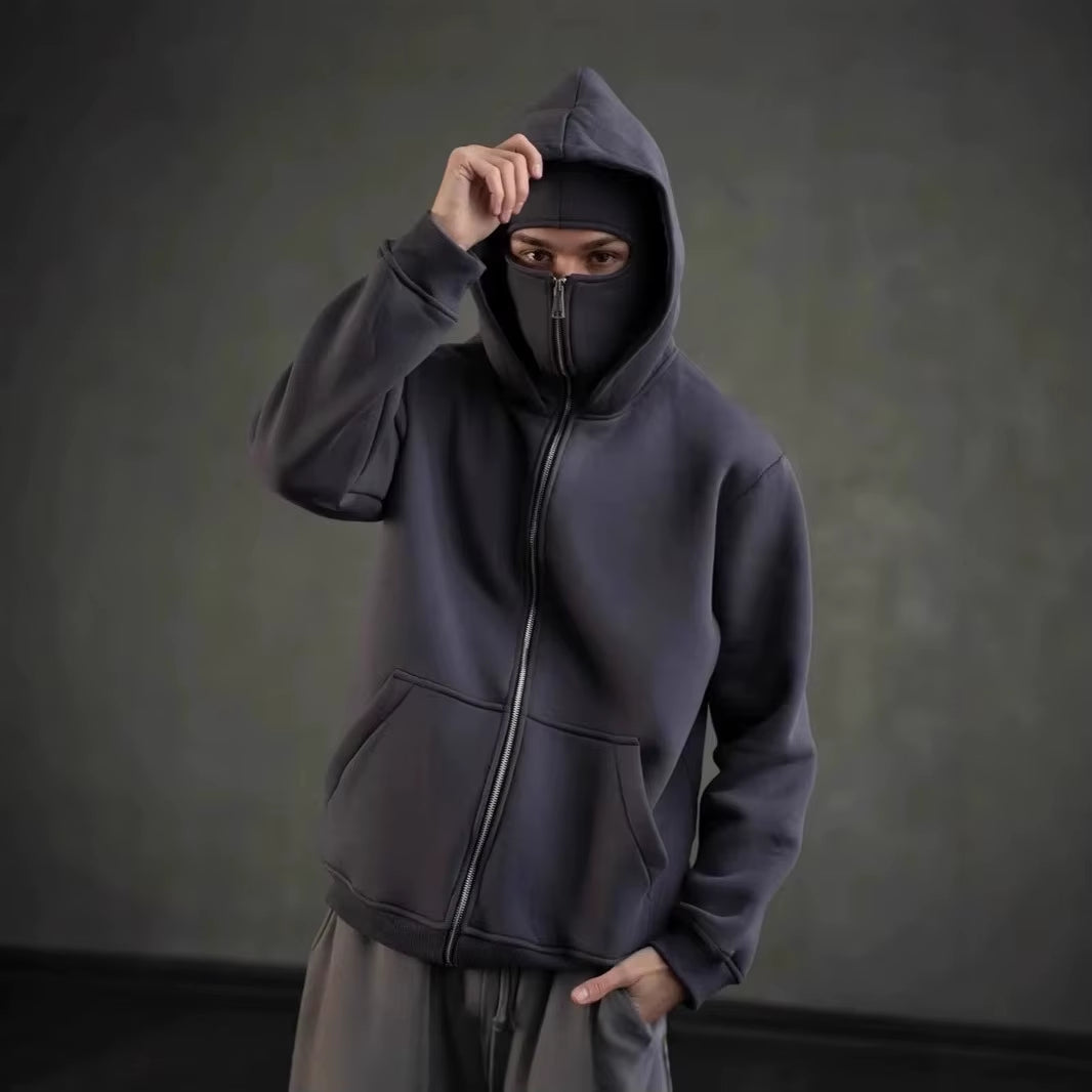 Balaclava Men Zip Hoodie Winter Warm Casual Sweatshirt Y2K with Hooded Face Mask Zipper Design Sports Jacket Outdoor Activities